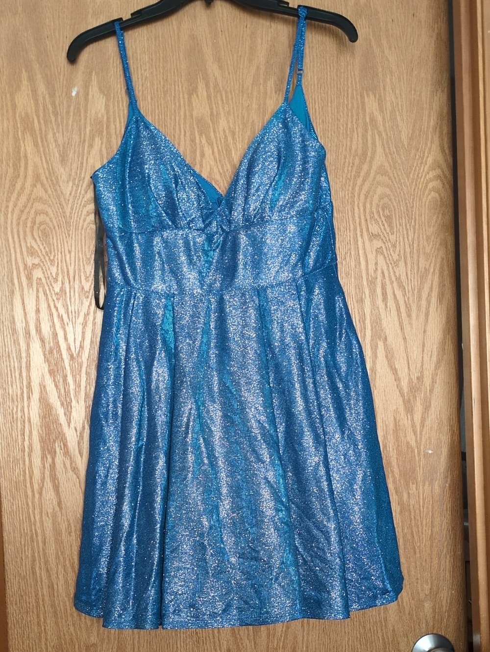 B Darlin Shimmery Teal V-Neck Mini Dress